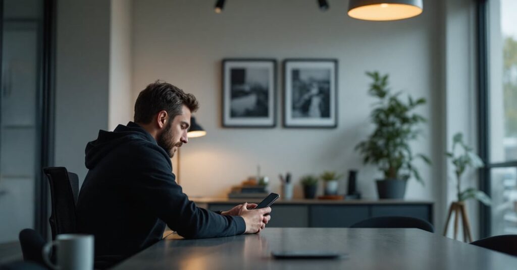 Personne utilisant Instagram Stories sur un smartphone dans un environnement moderne et naturel