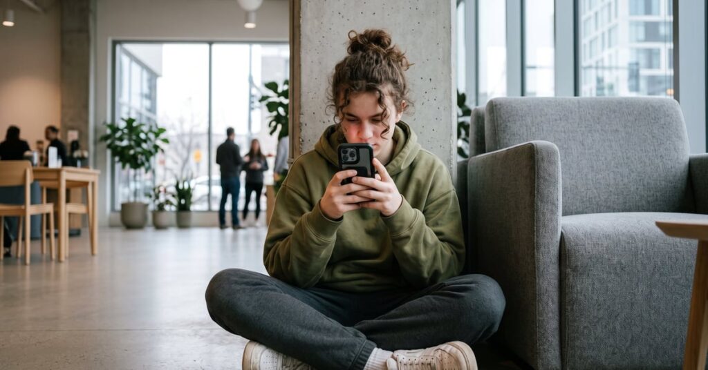 Smartphone affichant l'application TikTok avec contenu sensible flou, symbolisant les risques de nudité en ligne