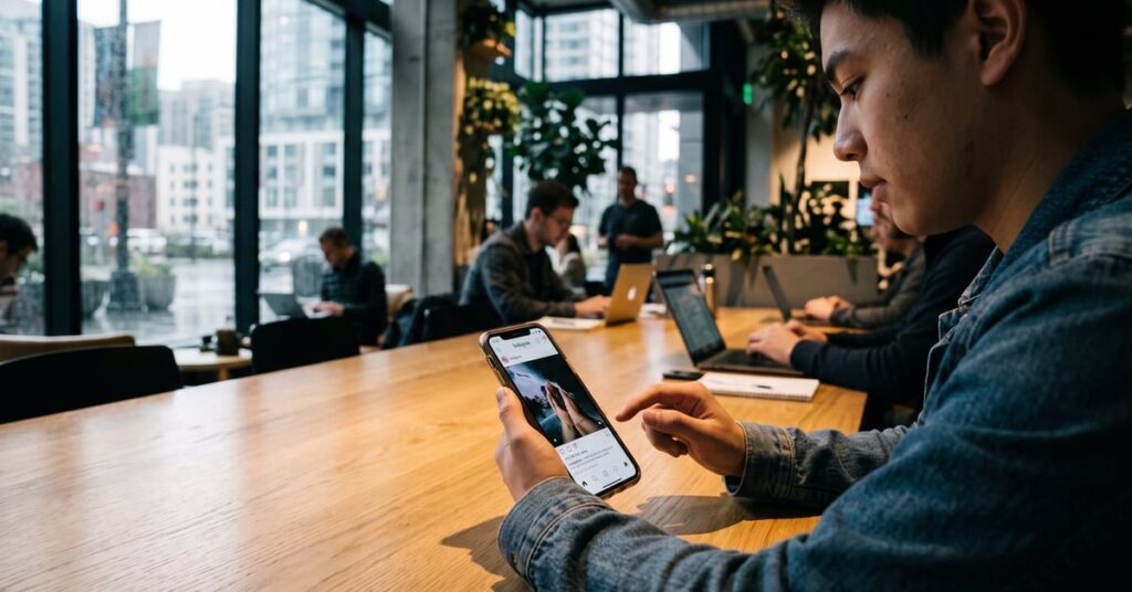 Smartphone affichant des statistiques de vues Instagram Reels et Stories en hausse
