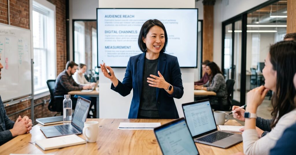 Stratégie de communication marketing : réunion d'équipe autour d'une table de travail moderne