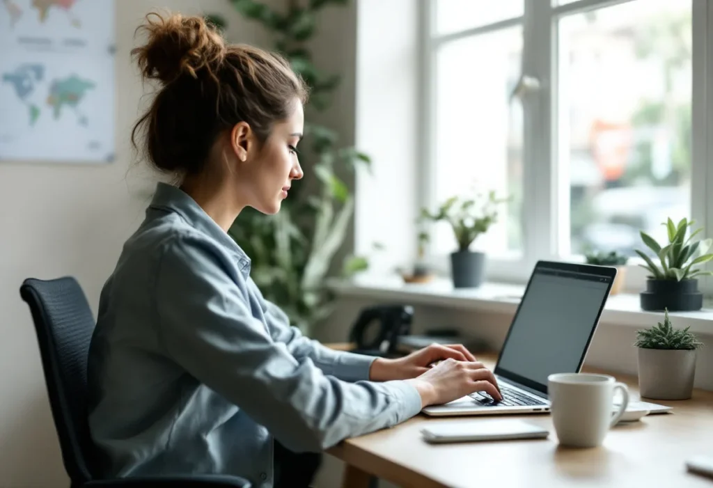 Une personne tape un e-mail sur son ordinateur portable, à son bureau près d'une fenêtre.