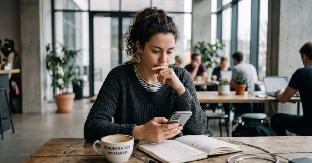 Créateur de contenu consultant ses statistiques Instagram et revenus sur smartphone – rémunération instagram