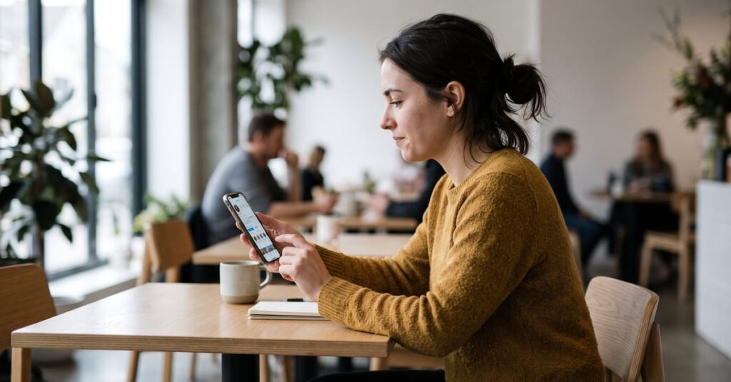 Personne utilisant Instagram DM sur smartphone — c'est quoi un DM sur Instagram