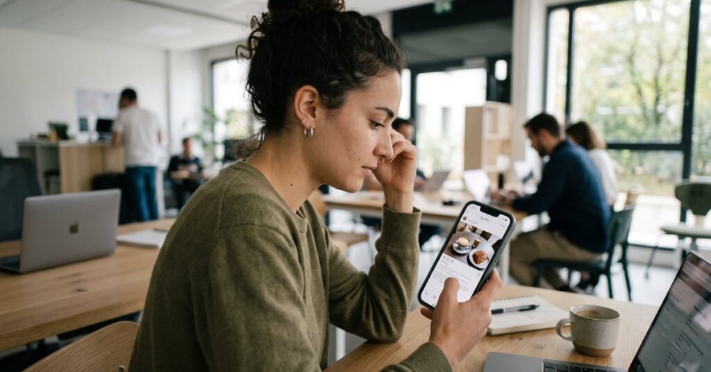 Smartphone affichant une publication Instagram soignée, posé sur un bureau moderne et épuré