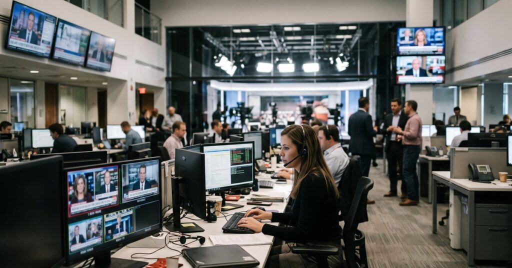 Journaliste consultant plusieurs écrans diffusant des actualités en continu — mass media